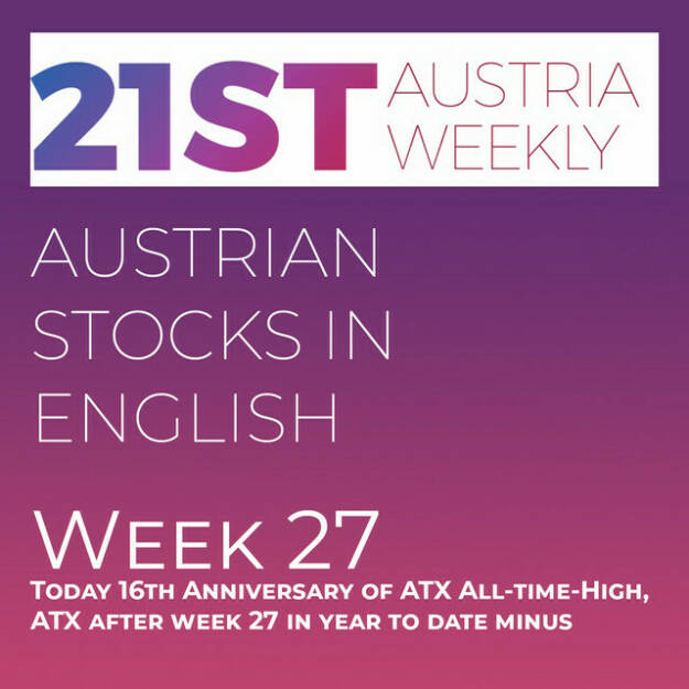 https://open.spotify.com/episode/7E8cQsSR64wbIrOQ7tqQ5m
Austrian Stocks in English: Today 16th Anniversary of ATX All-time-High, ATX after week 27 in year to date minus - <p>Welcome  to &#34;Austrian Stocks in English - presented by Palfinger&#34;, the english spoken weekly Summary for the Austrian Stock Market,  positioned every Sunday in the mostly german languaged Podcast &#34;Audio-CD.at Indie Podcasts&#34;- Wiener Börse, Sport Musik und Mehr“ .<br/><br/>The following script is based on our 21st Austria weekly and week 27 was a bad week for ATX which went 1,28% down and is now at 3114, this means 12 points under the value end of 2022. Today ATX has the 16th anniversary of its all-time-high, on 9th of July 2007 the index went intraday over 5000 points.<br/><br/>16th anniversary and 16th Stock Market tounament: Round 1 is finished and these are the 8 pairs of the 2nd Round next week.<br/><br/>Palfinger vs. Immofinanz, Telekom Austria vs. RBI, Zumtobel vs. FACC , Kontron vs. Mayr-Melnhof , Österreichische Post vs. CA Immo, Agrana vs. Frequentis , Porr vs. S Immo , DO&amp;CO vs. VIG.<br/><br/>News came from ams Osram, Kontron (2), UBM, Frequentis, Kapsch TrafficCom, Vienna Stock Exchange, Agrana, Pierer Mobility, and Andritz. <br/><br/><a href=http://www.boerse-social.com/tournament target=_blank>http://www.boerse-social.com/tournament</a><br/><br/><a href=https://boerse-social.com/21staustria target=_blank>https://boerse-social.com/21staustria</a><br/><br/>Please rate my Podcast on Apple Podcasts (or Spotify): <a href=https://podcasts.apple.com/at/podcast/audio-cd-at-indie-podcasts-wiener-boerse-sport-musik-und-mehr/id1484919130 target=_blank>https://podcasts.apple.com/at/podcast/audio-cd-at-indie-podcasts-wiener-boerse-sport-musik-und-mehr/id1484919130</a> .And please spread the word : <a href=https://www.boerse-social.com/21staustria target=_blank>https://www.boerse-social.com/21staustria</a> - the address to subscribe to the weekly summary as a PDF.</p> (09.07.2023) 