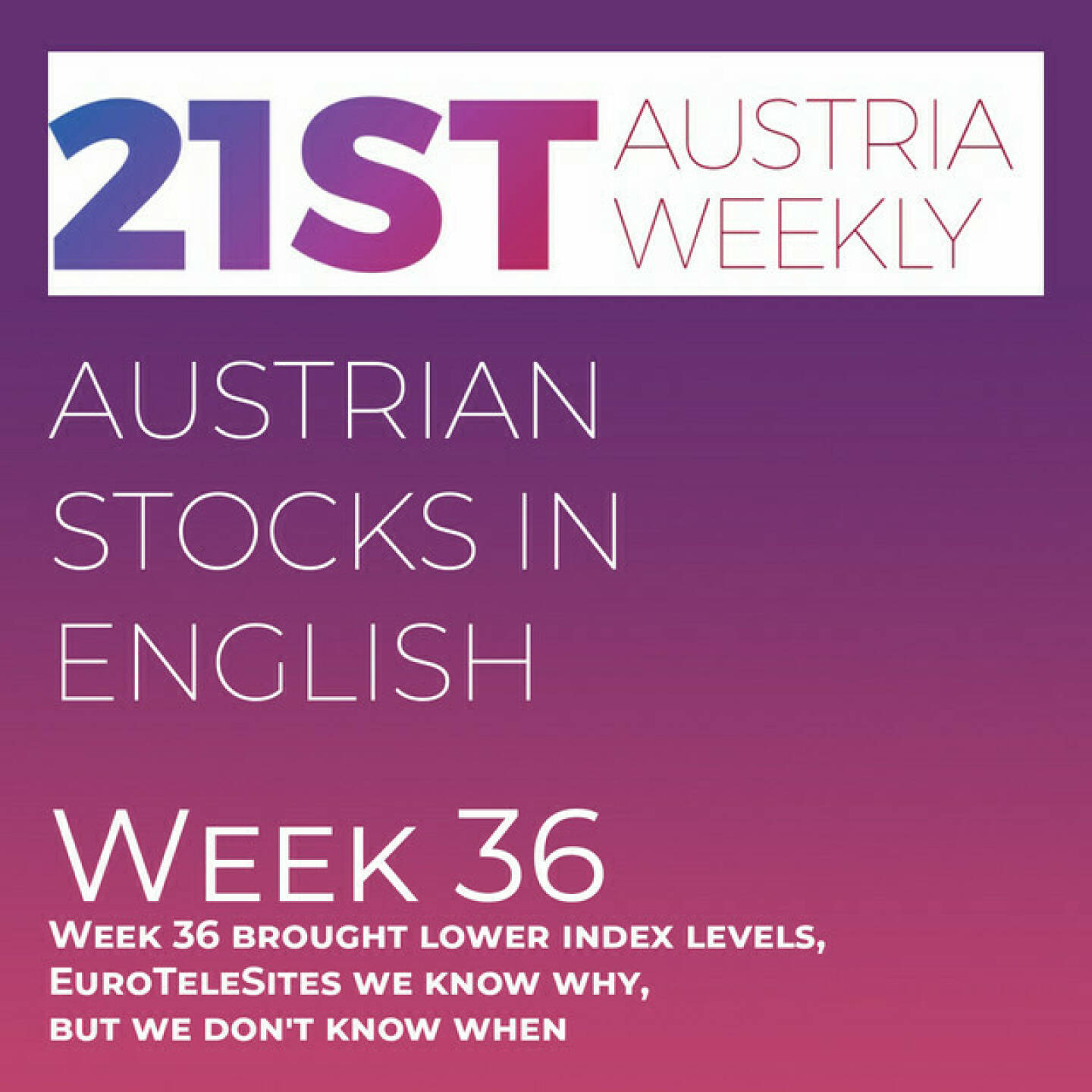 https://open.spotify.com/episode/3wcNRZS6dbfmIAmjLCMpUk
Austrian Stocks in English: Week 36 brought lower index levels, EuroTeleSites we know why, but we don't know when - <p>Welcome  to &#34;Austrian Stocks in English - presented by Palfinger&#34;, the english spoken weekly Summary for the Austrian Stock Market,  positioned every Sunday in the mostly german languaged Podcast &#34;Audio-CD.at Indie Podcasts&#34;- Wiener Börse, Sport Musik und Mehr“ .<br/><br/>This week in our 21st Austria weekly: After a good September Start week 36 brought lower levels for Austrian Indices, Main topic remains the forthcoming listing of EuroTeleSites, we know why, but we don&#39;t know when. News came from Vienna Airport, Andritz, Kapsch TrafficCom (2), Zumtobel, Valneva and OMV, spoken by Alison.<br/><br/><a href=https://boerse-social.com/21staustria target=_blank>https://boerse-social.com/21staustria</a><br/><br/>Please rate my Podcast on Apple Podcasts (or Spotify): <a href=https://podcasts.apple.com/at/podcast/audio-cd-at-indie-podcasts-wiener-boerse-sport-musik-und-mehr/id1484919130 target=_blank>https://podcasts.apple.com/at/podcast/audio-cd-at-indie-podcasts-wiener-boerse-sport-musik-und-mehr/id1484919130</a> .And please spread the word : <a href=https://www.boerse-social.com/21staustria target=_blank>https://www.boerse-social.com/21staustria</a> - the address to subscribe to the weekly summary as a PDF.</p>