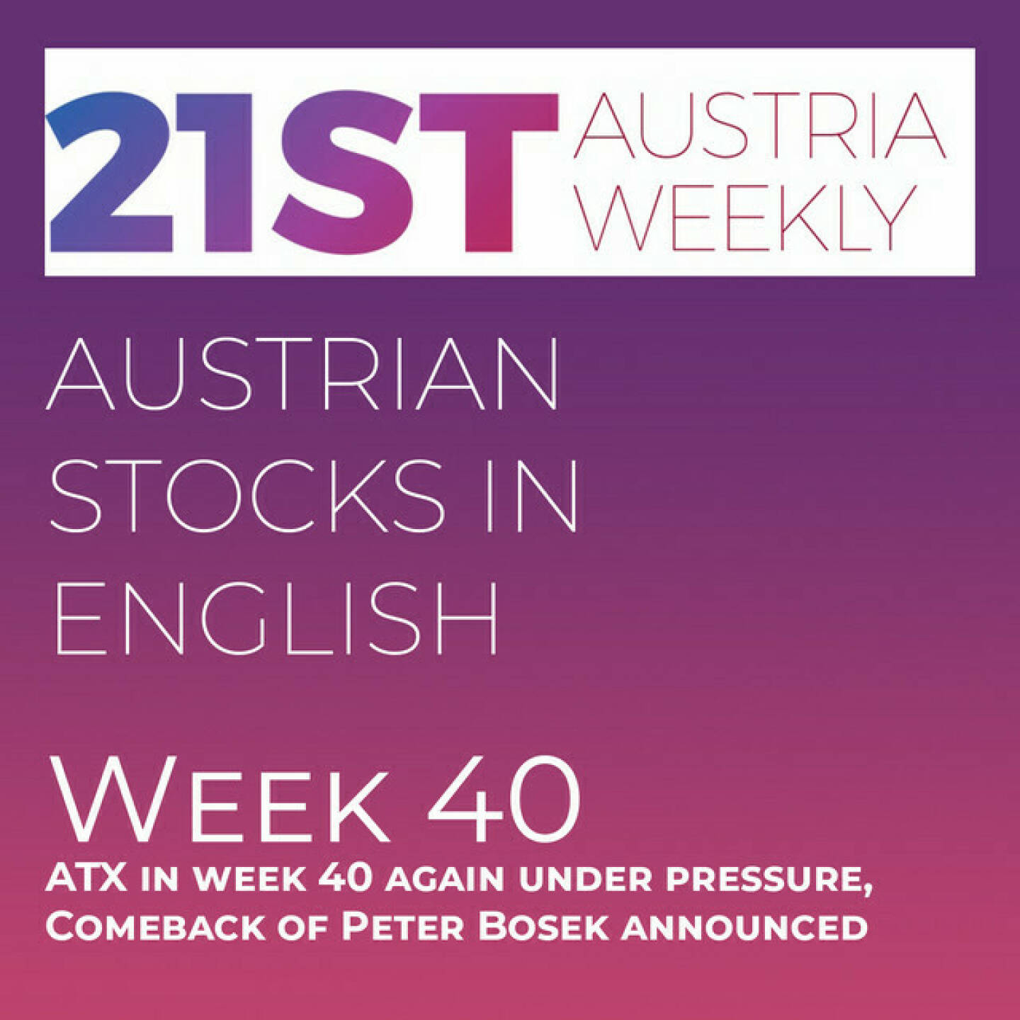 https://open.spotify.com/episode/2owuJ2tzWeLM7705aXKsuN
Austrian Stocks in English: ATX in week 40 again under pressure, Comeback of Peter Bosek announced - <p>Welcome  to &#34;Austrian Stocks in English - presented by Palfinger&#34;, the english spoken weekly Summary for the Austrian Stock Market,  positioned every Sunday in the mostly german languaged Podcast &#34;Audio-CD.at Indie Podcasts&#34;- Wiener Börse, Sport Musik und Mehr“ .<br/><br/>The following script ist based on our 21st Austria weekly and Week 40 was another red week for the Austrian Stock Market, ATX again fell under his starting value of the year.  News came from Strabag, RHI Magnesita, OMV, Frequentis, FACC, , Erste Group (Peter Bosek), Andritz and Immofinanz, spoken by the absolutely smart Alison. <br/><br/><a href=https://boerse-social.com/21staustria target=_blank>https://boerse-social.com/21staustria</a><br/><br/>Please rate my Podcast on Apple Podcasts (or Spotify): <a href=https://podcasts.apple.com/at/podcast/audio-cd-at-indie-podcasts-wiener-boerse-sport-musik-und-mehr/id1484919130 target=_blank>https://podcasts.apple.com/at/podcast/audio-cd-at-indie-podcasts-wiener-boerse-sport-musik-und-mehr/id1484919130</a> .And please spread the word : <a href=https://www.boerse-social.com/21staustria target=_blank>https://www.boerse-social.com/21staustria</a> - the address to subscribe to the weekly summary as a PDF.</p>