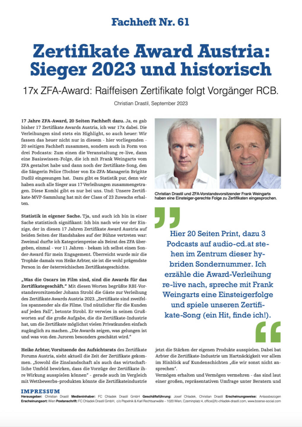 Fachheft Nr. 61 - Zertifikate Award Austria: Sieger 2023 und historisch