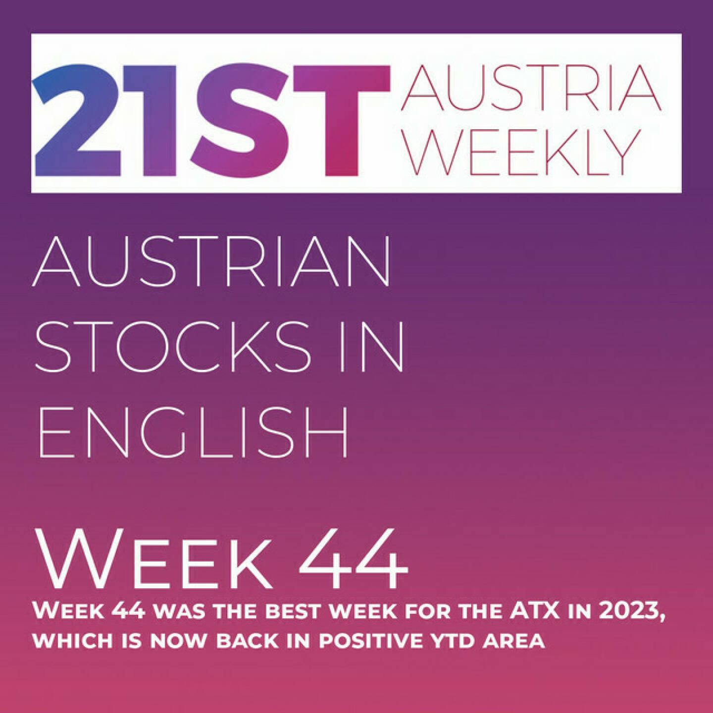 https://open.spotify.com/episode/58wtG9l4Fvhlgky416gT5w
Austrian Stocks in English: Week 44 was the best week for the ATX in 2023, which is now back in positive ytd area - <p>Welcome  to &#34;Austrian Stocks in English - presented by Palfinger&#34;, the english spoken weekly Summary for the Austrian Stock Market,  positioned every Sunday in the mostly german languaged Podcast &#34;Audio-CD.at Indie Podcasts&#34;- Wiener Börse, Sport Musik und Mehr“ .<br/><br/>The following script is based on our 21st Austria weekly and week 44 was the best week in 2023 with an ATX plus of 5,48 percent with AT&amp;S and Andritz 13 percent up. ATX is now back in positive year-to-date-area . News came from Erste Group, Palfinger, Frequentis (2), OMV, ams Osram, RHI Magnesita, Verbund, Andritz, AT&amp;S, Bawag, Lenzing, RBI, Kontron and voestalpine, spoken by the absolutely smart Alison.<br/><br/><a href=https://boerse-social.com/21staustria target=_blank>https://boerse-social.com/21staustria</a><br/><br/><a href=https://www.audio-cd.at/search/austrian%20stocks%20in%20english target=_blank>https://www.audio-cd.at/search/austrian%20stocks%20in%20english</a><br/><br/>30x30 Finanzwissen pur für Österreich auf Spotify spoken by Alison:: <a href=https://open.spotify.com/playlist/3MfSMoCXAJMdQGwjpjgmLm target=_blank>https://open.spotify.com/playlist/3MfSMoCXAJMdQGwjpjgmLm</a><br/><br/>Please rate my Podcast on Apple Podcasts (or Spotify): <a href=https://podcasts.apple.com/at/podcast/audio-cd-at-indie-podcasts-wiener-boerse-sport-musik-und-mehr/id1484919130 target=_blank>https://podcasts.apple.com/at/podcast/audio-cd-at-indie-podcasts-wiener-boerse-sport-musik-und-mehr/id1484919130</a> .And please spread the word : <a href=https://www.boerse-social.com/21staustria target=_blank>https://www.boerse-social.com/21staustria</a> - the address to subscribe to the weekly summary as a PDF.</p>