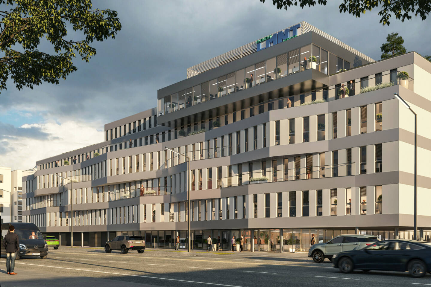 AVENTA AG: Übernahme des Büroimmobilienprojektes LMNT Offices in Wien , Fassadenansicht Brehmstraße 19, Foto: Squarebytes