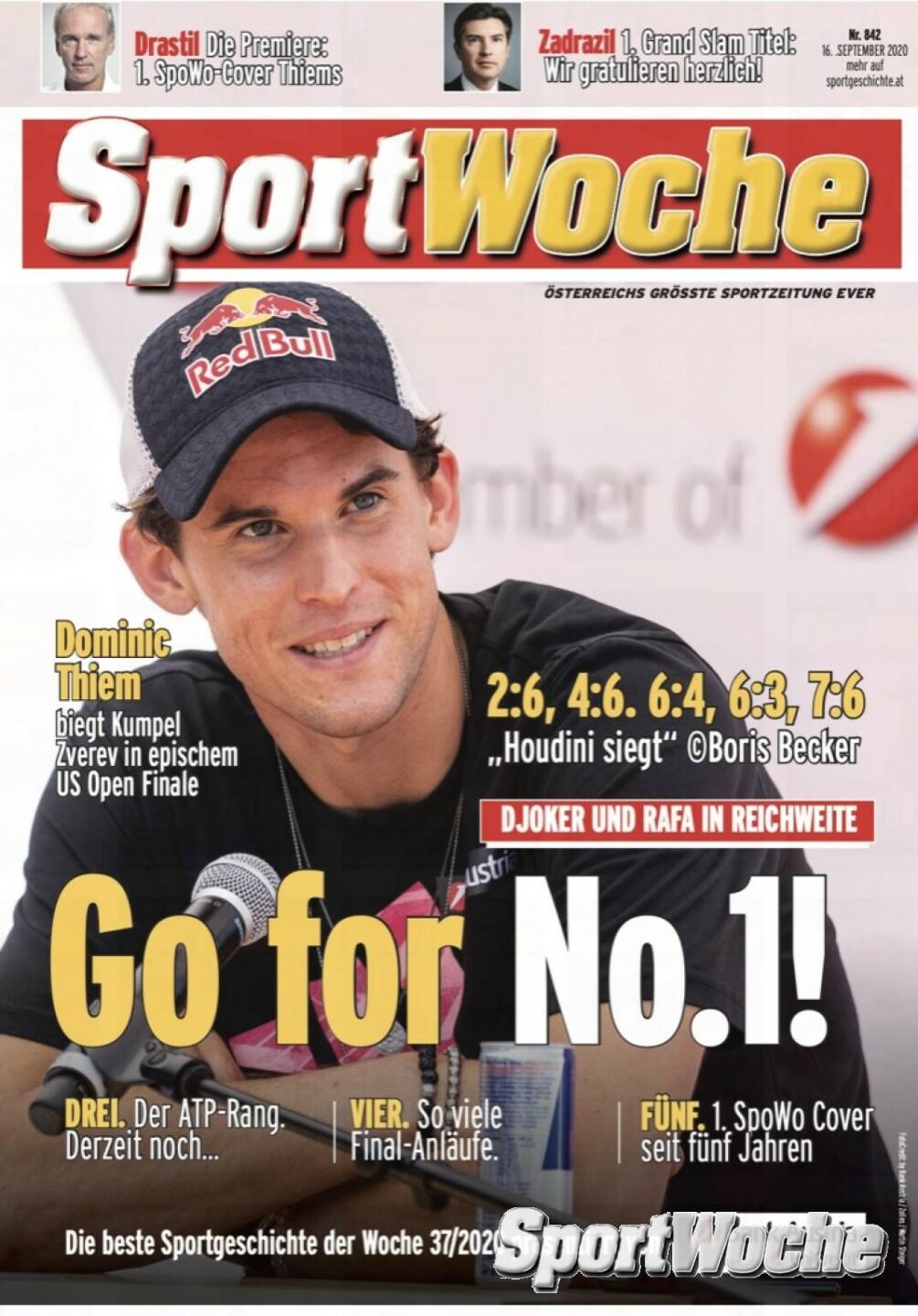 N&Ouml;-Kalender der SportWoche, Tag 2: Dominic Thiem . Er war in der Aktivzeit der SportWoche 1998-2015 nie auf dem Cover, daf&uuml;r haben wir ihm nach seinem US Open Sieg 2020 ein Cover in der Original Anmutung der SportWoche gewidmet.  Dominic war 5x Sportler des Jahres in N&Ouml;, 1x Sportler des Jahres in &Ouml;, Nr. 3 der ATP Tour, 17 Turniersiege auf der ATP Tour
