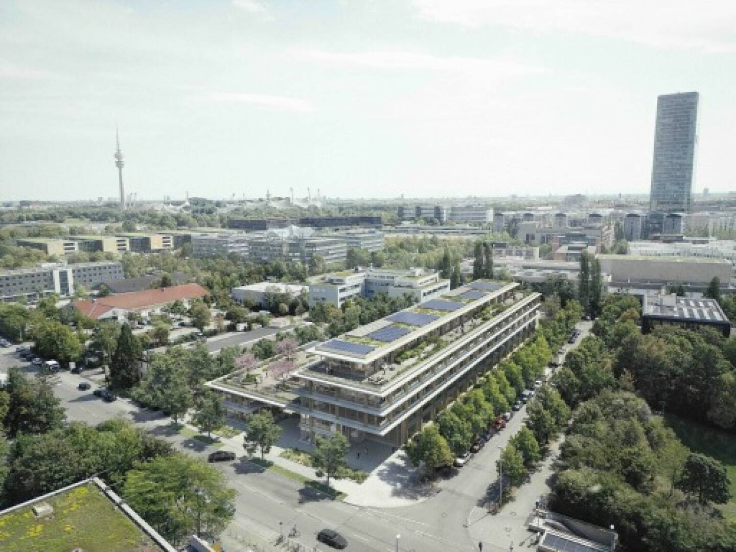 UBM: Visualisierung Luftaufnahme Timber Works München, Credit: olive architekten