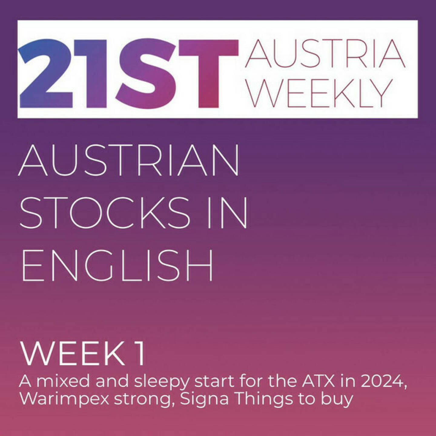 https://open.spotify.com/episode/1pt5zcosv9E2WH8BExFKdr
Austrian Stocks in English: A mixed and sleepy start for the ATX in 2024, Warimpex strong, Signa Things to buy - <p>Welcome to &#34;Austrian Stocks in English - presented by Palfinger&#34;, the english spoken weekly Summary for the Austrian Stock Market,  positioned every Sunday in the mostly german languaged Podcast &#34;Audio-CD.at Indie Podcasts&#34;- Wiener Börse, Sport Musik und Mehr“ . <br/><br/>The following script is based on our 21st Austria weekly. ATX TR started in week one with 4 trading days with a 2:2, but bottom line slightly lower. Gainers came with Warimpex, UBM und Polytec from the 2nd Row and News came from SBO, OMV Petrom, Vienna Airport, Kapsch TrafficCom and Signa, spoken by Alison.<br/><br/><a href=https://boerse-social.com/21staustria target=_blank>https://boerse-social.com/21staustria</a><br/><br/><a href=https://www.audio-cd.at/search/austrian%20stocks%20in%20english target=_blank>https://www.audio-cd.at/search/austrian%20stocks%20in%20english</a><br/><br/>30x30 Finanzwissen pur für Österreich auf Spotify spoken by Alison:: <a href=https://open.spotify.com/playlist/3MfSMoCXAJMdQGwjpjgmLm target=_blank>https://open.spotify.com/playlist/3MfSMoCXAJMdQGwjpjgmLm</a><br/><br/>Please rate my Podcast on Apple Podcasts (or Spotify): <a href=https://podcasts.apple.com/at/podcast/audio-cd-at-indie-podcasts-wiener-boerse-sport-musik-und-mehr/id1484919130 target=_blank>https://podcasts.apple.com/at/podcast/audio-cd-at-indie-podcasts-wiener-boerse-sport-musik-und-mehr/id1484919130</a> .And please spread the word : <a href=https://www.boerse-social.com/21staustria target=_blank>https://www.boerse-social.com/21staustria</a> - the address to subscribe to the weekly summary as a PDF.</p>