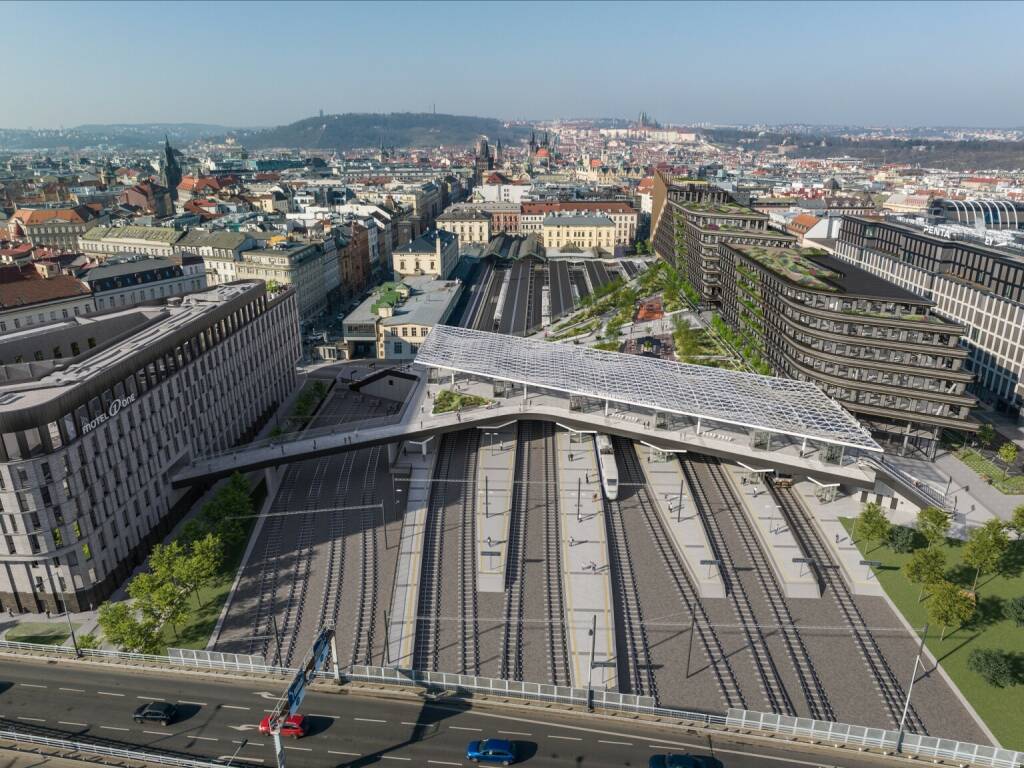 Strabag: Umbau des Prager Bahnhofs Masaryk: Eine 8.600 m² große, begrünte Stahlplattform ermöglicht zukünftig eine barrierefreie Überquerung der Bahnanlagen und leichten Zugang zu den Gleisen. Copyright: Správa železnic, © Aussendung (11.01.2024) 