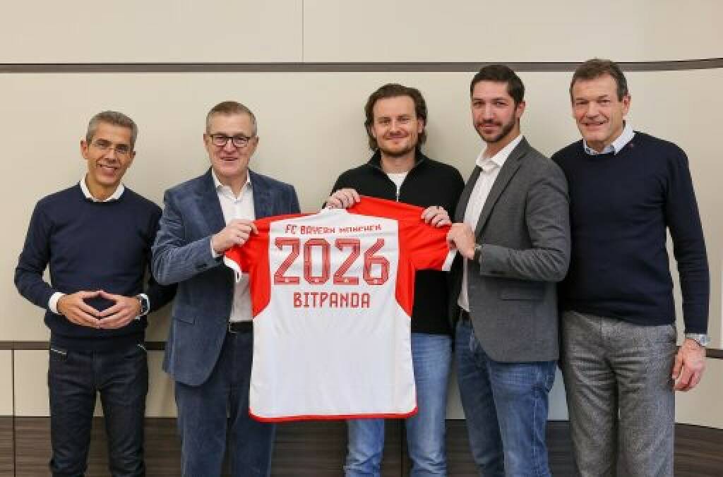 Das österreichische FinTech Bitpanda schließt eine langfristige Partnerschaft mit dem deutschen Fußball-Rekordmeister und wird exklusiver Krypto-Partner des FC Bayern München. im Bild: Michael Diederich, Jan-Christian Dreesen, Eric Demuth, Lukas Enzersdorfer-Konrad und Andreas Jung (v.l.n.r) Credit: Bitpanda, © Aussendung (12.01.2024) 