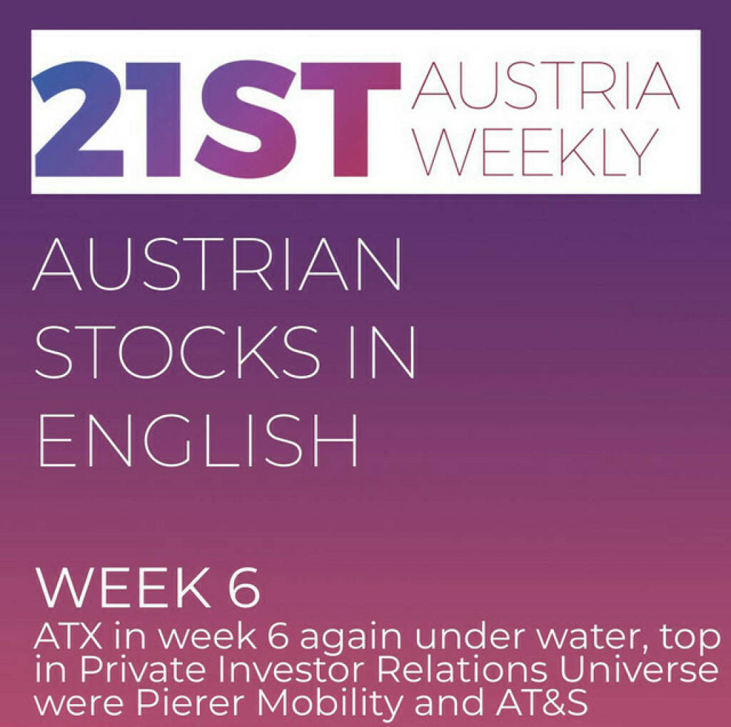 https://open.spotify.com/episode/4ntxVQEpqig2hRSY8SksyX
Austrian Stocks in English: ATX in week 6 again under water, top in Private Investor Relations Universe were Pierer Mobility and AT&S - <p>Welcome to &#34;Austrian Stocks in English - presented by Palfinger&#34;, the english spoken weekly Summary for the Austrian Stock Market,  positioned every Sunday in the mostly german languaged Podcast &#34;Audio-CD.at Indie Podcasts&#34;- Wiener Börse, Sport Musik und Mehr“ . <br/><br/>The following script is based on our 21st Austria weekly. In week 6 ATX lost 2,33 percent to 3358 points, year to date now 2,16 percent under water, Best stock in the Private Investor Relations Universe with 37 equities were Pierer Mobility and AT&amp;S. News came from FACC, Valneva, Strabag, Marinomed, Verbund and Immofinanz, spoken by the absolutely smart Alison.<br/><br/><a href=https://boerse-social.com/21staustria target=_blank>https://boerse-social.com/21staustria</a><br/><br/><a href=https://www.audio-cd.at/search/austrian%20stocks%20in%20english target=_blank>https://www.audio-cd.at/search/austrian%20stocks%20in%20english</a><br/><br/>30x30 Finanzwissen pur für Österreich auf Spotify spoken by Alison:: <a href=https://open.spotify.com/playlist/3MfSMoCXAJMdQGwjpjgmLm target=_blank>https://open.spotify.com/playlist/3MfSMoCXAJMdQGwjpjgmLm</a><br/><br/>Please rate my Podcast on Apple Podcasts (or Spotify): <a href=https://podcasts.apple.com/at/podcast/audio-cd-at-indie-podcasts-wiener-boerse-sport-musik-und-mehr/id1484919130 target=_blank>https://podcasts.apple.com/at/podcast/audio-cd-at-indie-podcasts-wiener-boerse-sport-musik-und-mehr/id1484919130</a> .And please spread the word : <a href=https://www.boerse-social.com/21staustria target=_blank>https://www.boerse-social.com/21staustria</a> - the address to subscribe to the weekly summary as a PDF.</p> (11.02.2024) 