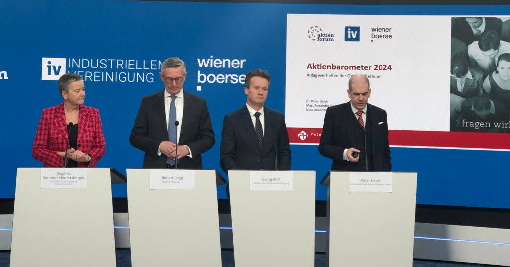 Präsentation des Aktienbarometer 2023: Angelika Sommer-Hemetsberger, stv. Aufsichtsratsvorsitzende Wiener Börse AG, Robert Ottel, Präsident des Aktienforums, Georg Knill, Präsident der Industriellenvereinigung (IV) und Meinungsforscher Peter Hajek Foto: Börse Social Network (01.03.2024) 