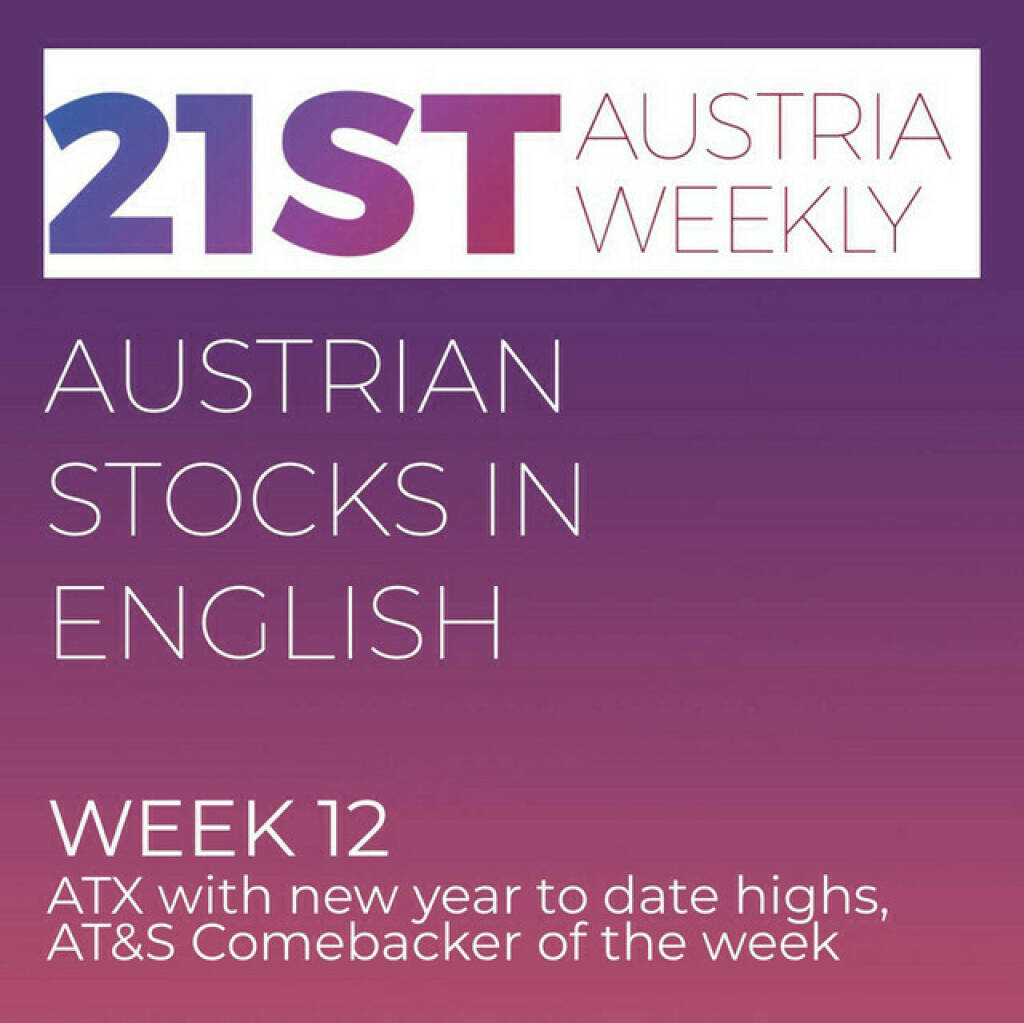 https://open.spotify.com/episode/2gIGrhnOt5jSInlFR1nXdA
Austrian Stocks in English: ATX in week 12 with new year to date highs, AT&S Comebacker of the week - <p>Welcome to &#34;Austrian Stocks in English - presented by Palfinger&#34;, the english spoken weekly Summary for the Austrian Stock Market,  positioned every Sunday in the mostly german languaged Podcast &#34;Audio-CD.at Indie Podcasts&#34;- Wiener Börse, Sport Musik und Mehr“ . <br/><br/>The following script is based on our 21st Austria weekly. Week 12 was a good week for ATX, which went up 2.62 percent to 3499 Points, a new year-to-date-High. Comebacker of the week was AT&amp;S. News came from S Immo, Semperit, Frequentis, Kapsch TrafficCom,  Valneva, VIG, CA Immo, Porr, S Immo and Vienna Airport.<br/><br/><a href=https://boerse-social.com/21staustria target=_blank>https://boerse-social.com/21staustria</a><br/><br/><a href=https://www.audio-cd.at/search/austrian%20stocks%20in%20english target=_blank>https://www.audio-cd.at/search/austrian%20stocks%20in%20english</a><br/><br/>30x30 Finanzwissen pur für Österreich auf Spotify spoken by Alison:: <a href=https://open.spotify.com/playlist/3MfSMoCXAJMdQGwjpjgmLm target=_blank>https://open.spotify.com/playlist/3MfSMoCXAJMdQGwjpjgmLm</a><br/><br/>Please rate my Podcast on Apple Podcasts (or Spotify): <a href=https://podcasts.apple.com/at/podcast/audio-cd-at-indie-podcasts-wiener-boerse-sport-musik-und-mehr/id1484919130 target=_blank>https://podcasts.apple.com/at/podcast/audio-cd-at-indie-podcasts-wiener-boerse-sport-musik-und-mehr/id1484919130</a> .And please spread the word : <a href=https://www.boerse-social.com/21staustria target=_blank>https://www.boerse-social.com/21staustria</a> - the address to subscribe to the weekly summary as a PDF.</p> (24.03.2024) 
