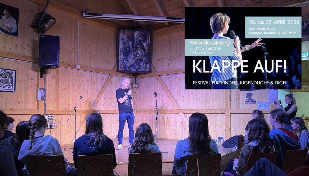 Beim Poetry Slam Festival Klappe auf on Stage.  https://treffpunktessling.at/2024/03/08/klappe_auf (28.04.2024) 