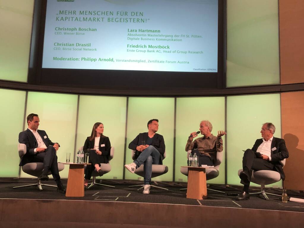 Podium Zertifikate Kongress 2024: Wie kann man mehr Menschen für den Kapitalmarkt begeistern?: Philipp Arnold (Raiffeisen Zertifikate), Lara Hartmann (Flughafen Wien), Christoph Boschan (Wiener Börse), Christian Drastil (Börse Social), Fritz Mostböck (Erste Group). Foto: Börse Social, © Aussender (13.06.2024) 