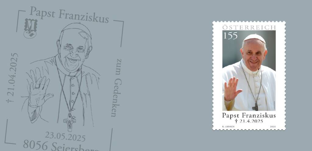 Am 21. April 2025 verstarb Papst Franziskus im Alter von 88 Jahren. Sein Einsatz für soziale Gerechtigkeit prägte seine zwölfjährige Amtszeit als Oberhaupt der römisch-katholischen Kirche. Die Österreichische Post gibt zu seinem Gedenken eine eigene Sonderbriefmarke heraus. Foto: Post, © Aussender (07.05.2025) 
