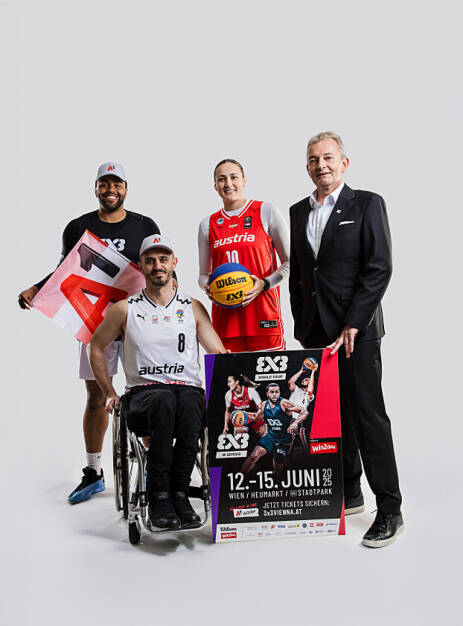 A1 ist Premium Plus Partner des 3x3 Vienna 2025 am Wiener Heumarkt; Von li nach re: Nico Kaltenbrunner, Mehmet Hayirli, Alexia Allesch und Marcus Grausam. Foto: A1 (12.05.2025) 