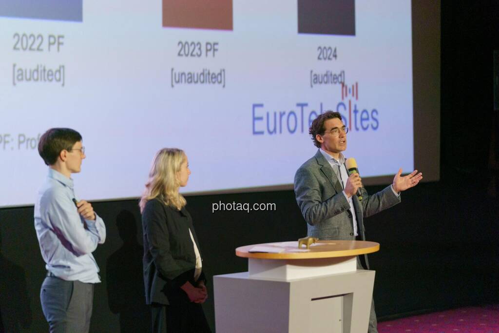 1. Aktientag von Börse Social und Börse Express im Cineplexx Kino, Präsentation EuroTeleSites, Moritz Palmi (IR), Emilie Löblich (IR), Lars Mosdorf (CFO) (14.05.2025) 
