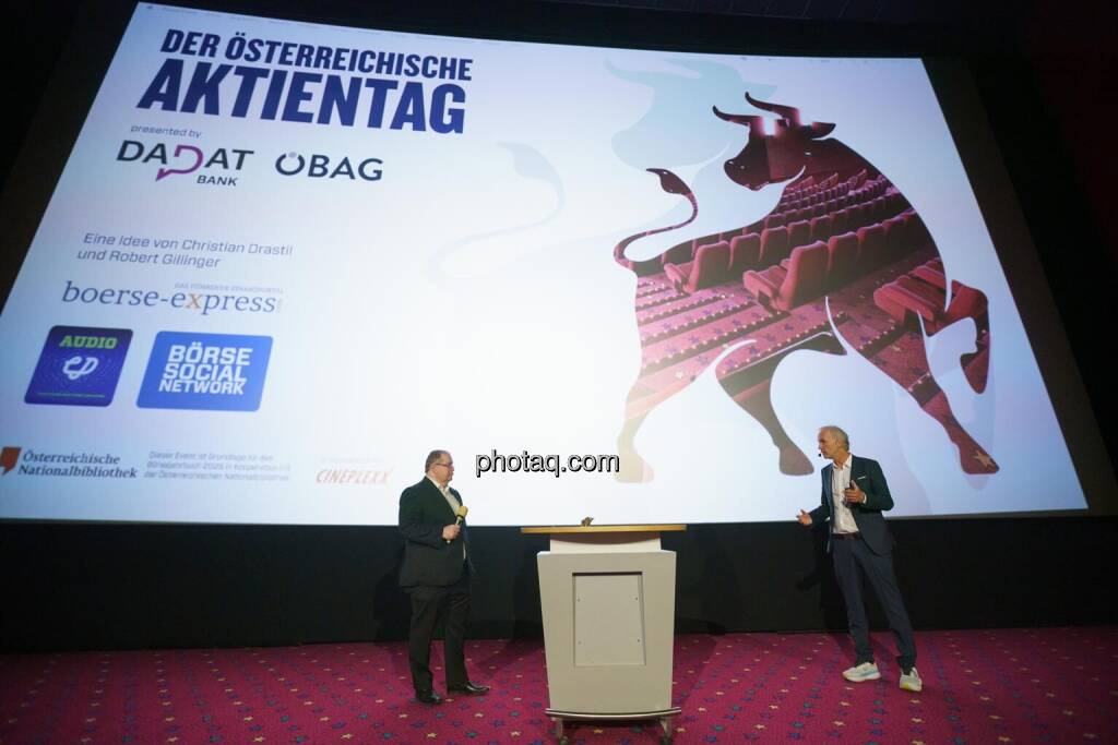 1. Aktientag von Börse Social und Börse Express im Cineplexx Kino, Gregor Rosinger (Rosinger Group), Christian Drastil (Börse Social, kapitalmarkt-stimme.at) (14.05.2025) 
