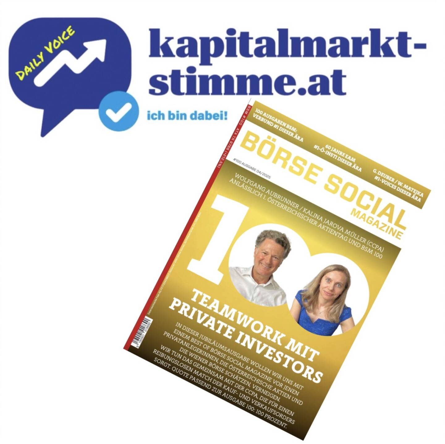 kapitalmarkt-stimme.at daily voice 150/365: Die Jubiläumsfolge 150 der daily voice ist den schönsten Doppelseiten aus 100 Ausgaben Börse Social Magazine gewidmet, in Summe 10.000 Seiten zum Wiener Markt, die den ATX TR von 4595 Punkten auf bis über 10.000 begleitet haben in diesen 7 Jahren und 4 Monaten (=100 Monaten) seit Ende 2016. Hört rein, was es mit CCPA, EAM, Raiffeisen, Verbund, Erste Group sowie Wolfgang Matejka und Gunter Deuber auf sich hat. Hören: https://audio-cd.at/page/podcast/7360
https://boerse-social.com/pdf/magazines/bsm_100
http://www.boerse-social.com/magazine
