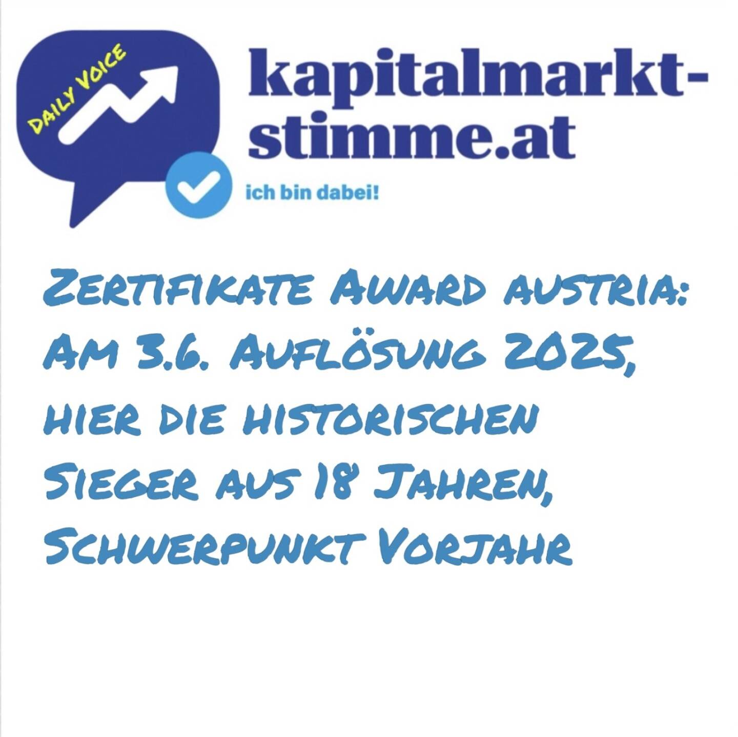 kapitalmarkt-stimme.at daily voice 151/365: Zertifikate Award 2025 am 3.6.: Hier die Rekordsieger und Vorjahressieger aller Kategorien.
https://audio-cd.at/page/podcast/7364
