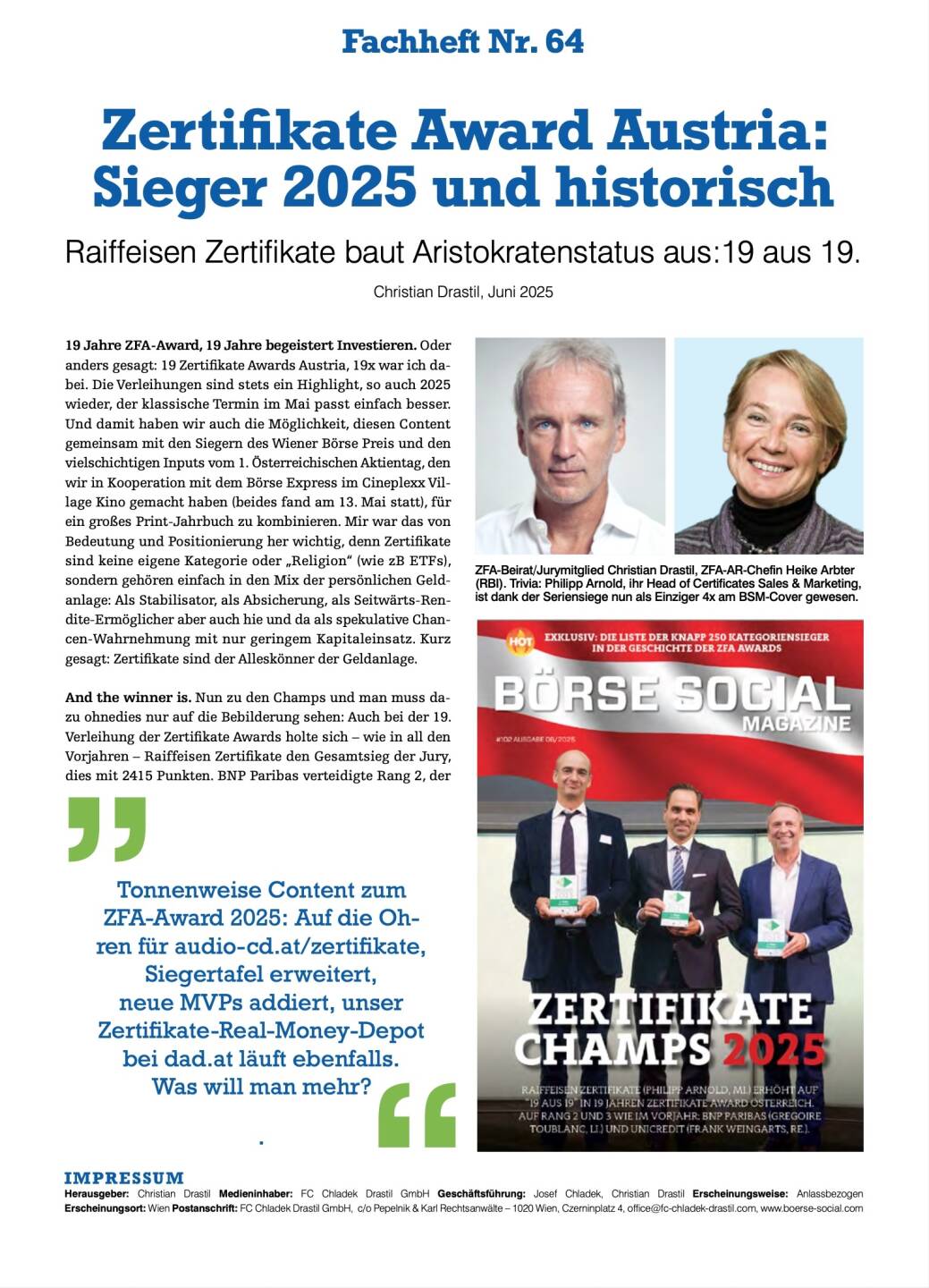 Fachheft Nr. 64 - Zertifikate Award Austria: Sieger 2025 und historisch