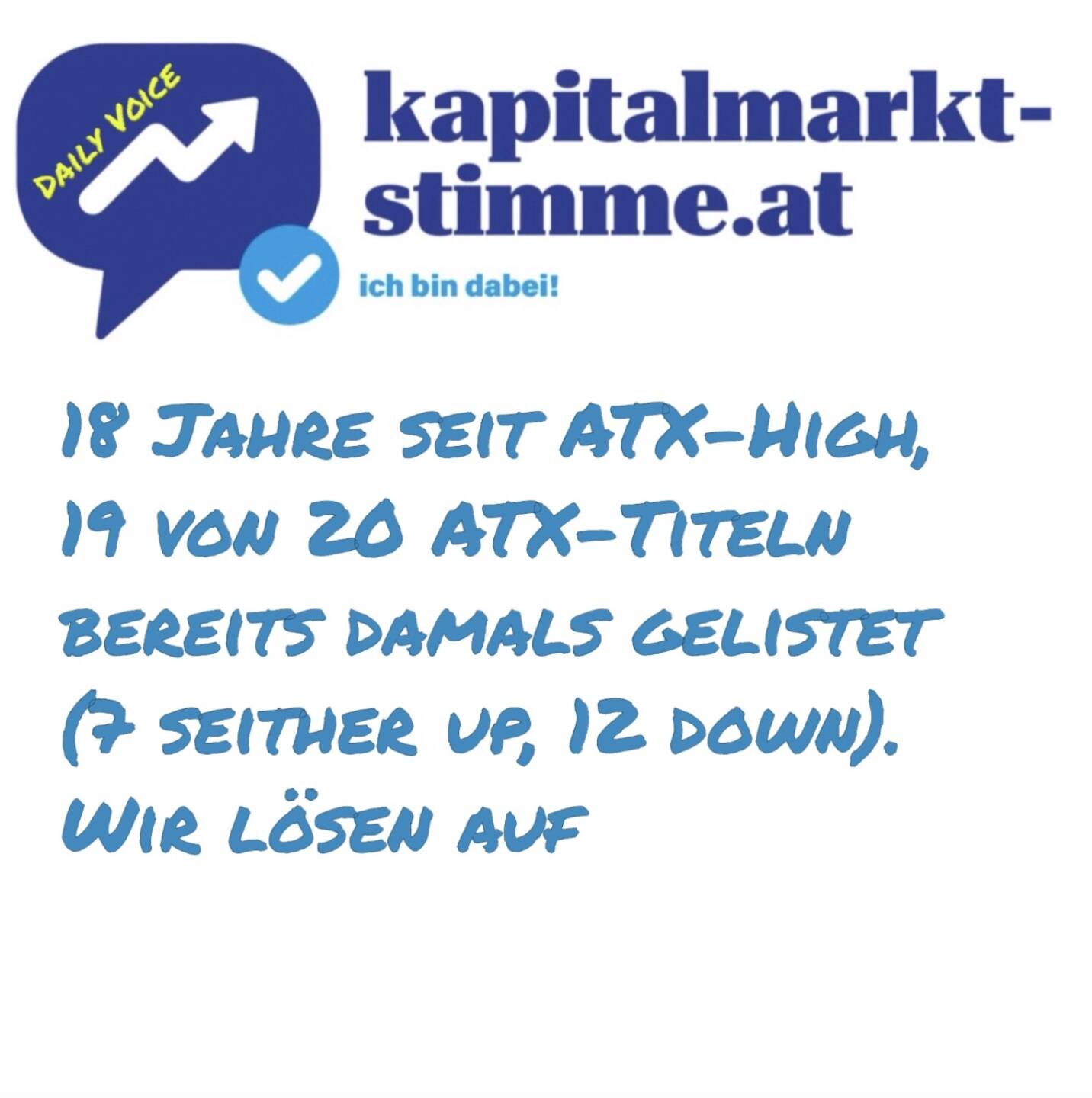 kapitalmarkt-stimme.at daily voice 191/365: 18 Jahre sind seit dem ATX-High am 9.7.2007 vergangen, 19 von 20 ATX-Titeln waren damals schon gelistet, sieben sind seither gestiegen, 12 gefallen. Wir lösen auf und sagen auch, welcher Titel als einziger aus der aktuellen ATX-Zusammensetzung 2007 noch nicht dabei war. Hören: https://audio-cd.at/page/podcast/7565