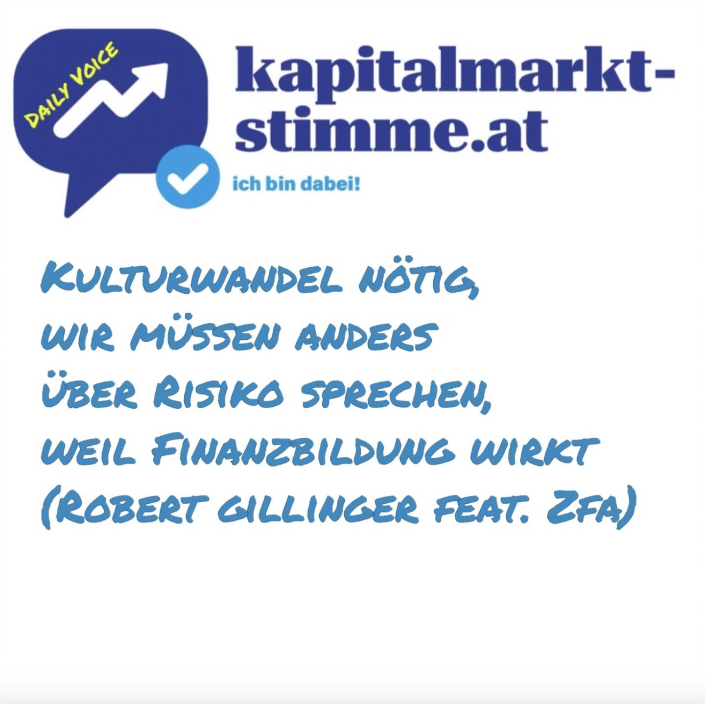 Episode 200/365 der kapitalmarkt-stimme.at daily voice auf audio-cd.at. Robert Gillinger schreibt im Börse Express: Wir benötigen einen kompletten Kulturwandel in der Art und Weise, wie wir über Risiko sprechen. Dazu gehört auch der Glaube in weiten Teilen der Politik, dass es die Aufgabe von Aufsichtsbehörden ist, Menschen/Anleger daran zu hindern, (kurzfristige) Verluste zu erzielen. Unter völliger Außerachtlassung, dass Veranlagung an sich ein langfristiges Ding ist. 
Passend dazu der aktuelle Marktbericht des ZFA der zeigt, dass jene Anleger, die sich mit dem Thema beschäftigen, viel, viel weiter sind, als Politik und Aufsicht unterstellen: es ist “eine Freude” zu sehen, wie hier von Anlegern gezielt versucht wird, die höhere Volatilität des Marktes mit Hebelprodukten zu nutzen. Und gleichzeitig Portfoliopositionen mit eben diesen Produkten in den immer unsicher werdenden Zeiten nach unten abgesichert werden. Die Sorge der Obrigkeit um unser Geld ist unterm Strich eigentlich nur verständlich, wenn diese das unsere als das ihre ansieht. Brauchen würde sie es jedenfalls ...
Hören: https://audio-cd.at/page/podcast/7609
http://www.boerse-express.com
https://www.zertifikateforum.at