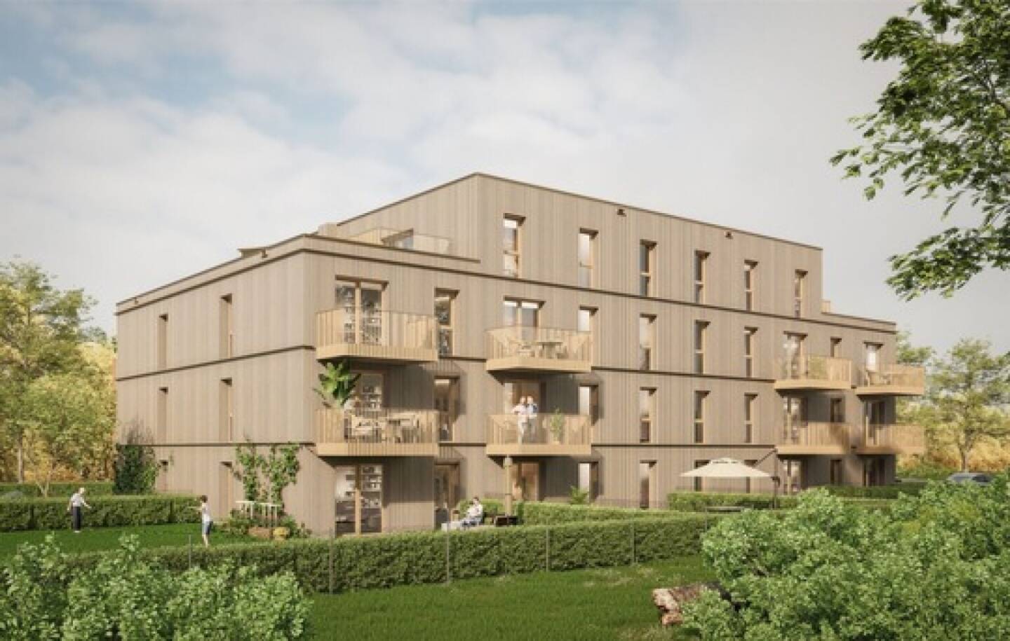 STRABAG liefert mit TETRIQX serielle Baulösung ab € 1.950/m2: TETRIQX-Immobilien sind hochwertig ausgestattet mit Holz-Alu-Fenstern und wahlweise mit Holzfassaden. Auch Freiflächen wie Loggien sind bereits eingeplant. Bildnachweis: WGA ZT GmbH