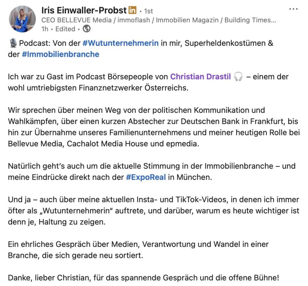 Bezogen auf https://audio-cd.at/page/podcast/7956/  Iris Einwaller-Probst  (13.10.2025) 