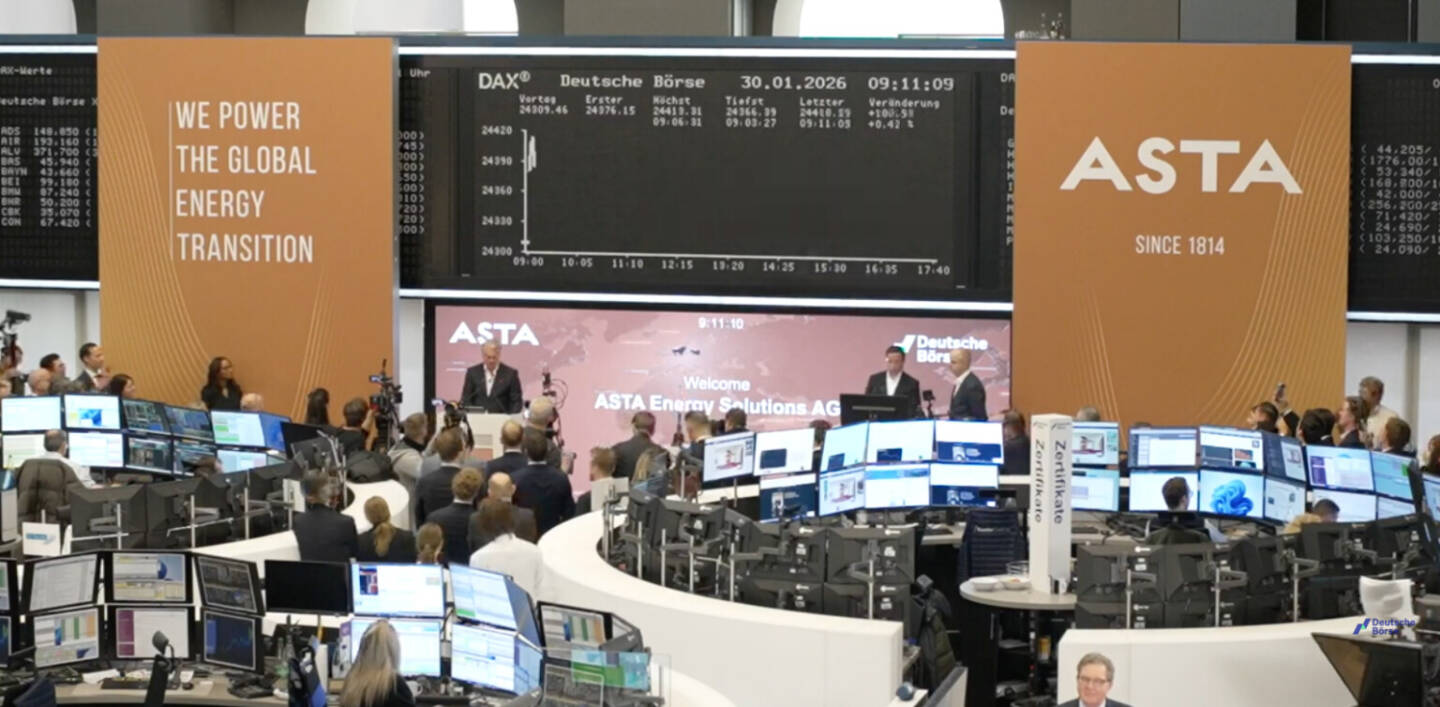 ASTA Energy IPO in Frankfurt am 30.1.2026, Foto: Livestream-Screenshot von der IPO-Ceremony in der Deutschen B&ouml;rse