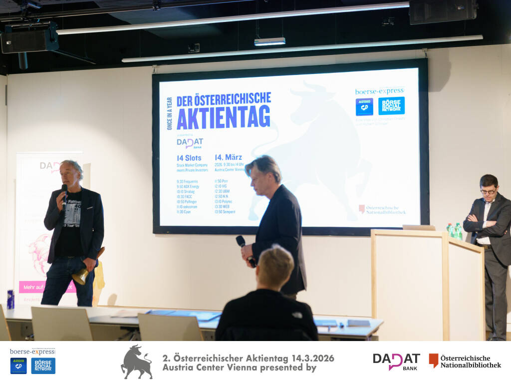 Begrüßung durch Christian Drastil (Börse Social) und Robert Gillinger (Börse Express), Bild: Martina Draper für kapitalmarkt-stimme.at  (16.03.2026) 