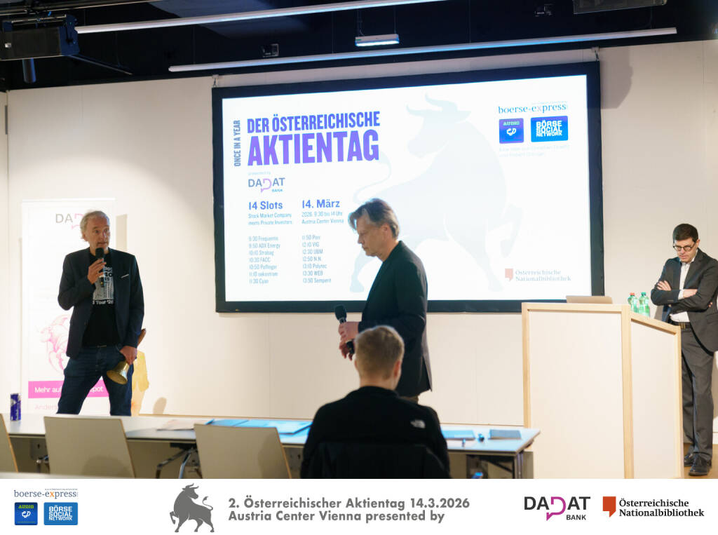 Begrüßung durch Christian Drastil (Börse Social) und Robert Gillinger (Börse Express), Bild: Martina Draper für kapitalmarkt-stimme.at  (16.03.2026) 
