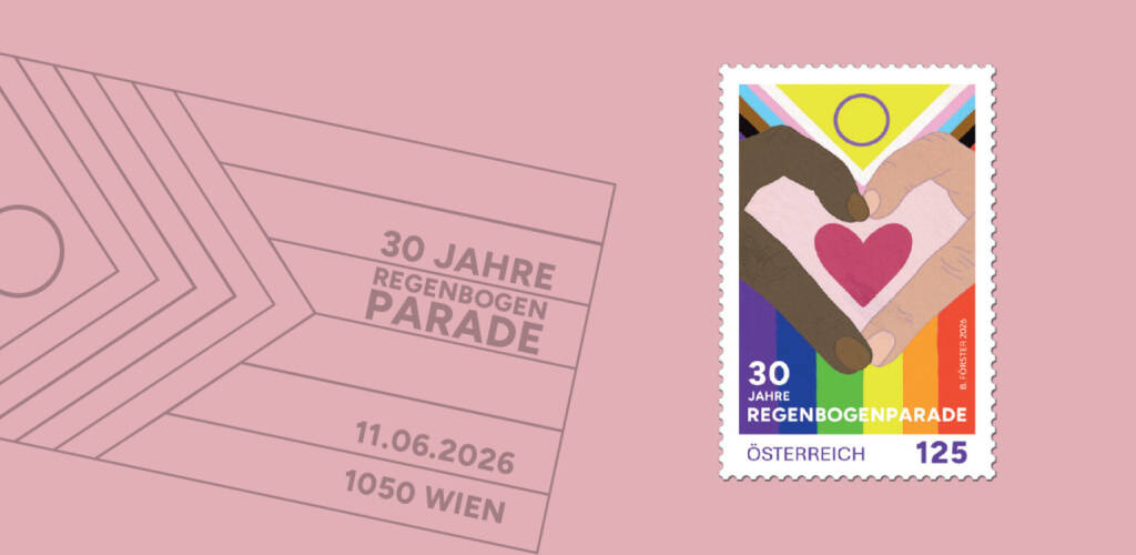 Heuer werden 30 Jahre Regenbogenparade gefeiert und zu diesem Anlass gibt die Post eine Sonderbriefmarke heraus: Von Bianca Förster entworfen, ist die Sonderbriefmarke bewusst kraftvoll und emotional gestaltet. Farben und Formen greifen zentrale Symbole der LGBTIQA+-Community auf und stehen für Vielfalt, unterschiedliche Identitäten sowie gesellschaftliche Offenheit. Foto: Österreichische Post, &copy; Aussender (10.06.2026) 