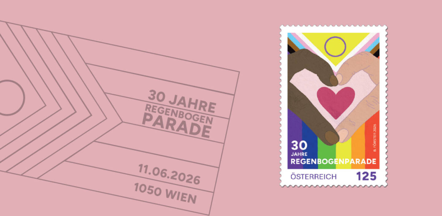 Heuer werden 30 Jahre Regenbogenparade gefeiert und zu diesem Anlass gibt die Post eine Sonderbriefmarke heraus: Von Bianca F&ouml;rster entworfen, ist die Sonderbriefmarke bewusst kraftvoll und emotional gestaltet. Farben und Formen greifen zentrale Symbole der LGBTIQA+-Community auf und stehen f&uuml;r Vielfalt, unterschiedliche Identit&auml;ten sowie gesellschaftliche Offenheit. Foto: &Ouml;sterreichische Post