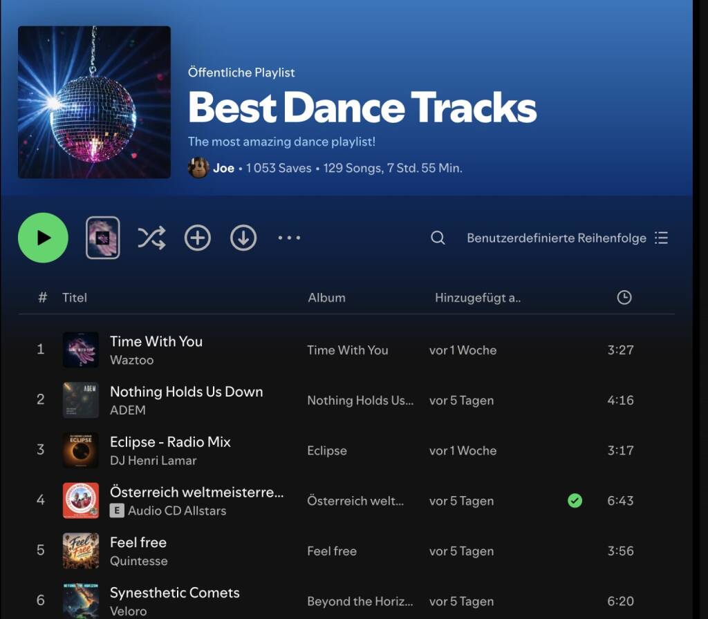 Unser WM-Song Österreich weltmeisterreif auf einer grossen Playlist auf Spotify (02.07.2026) 